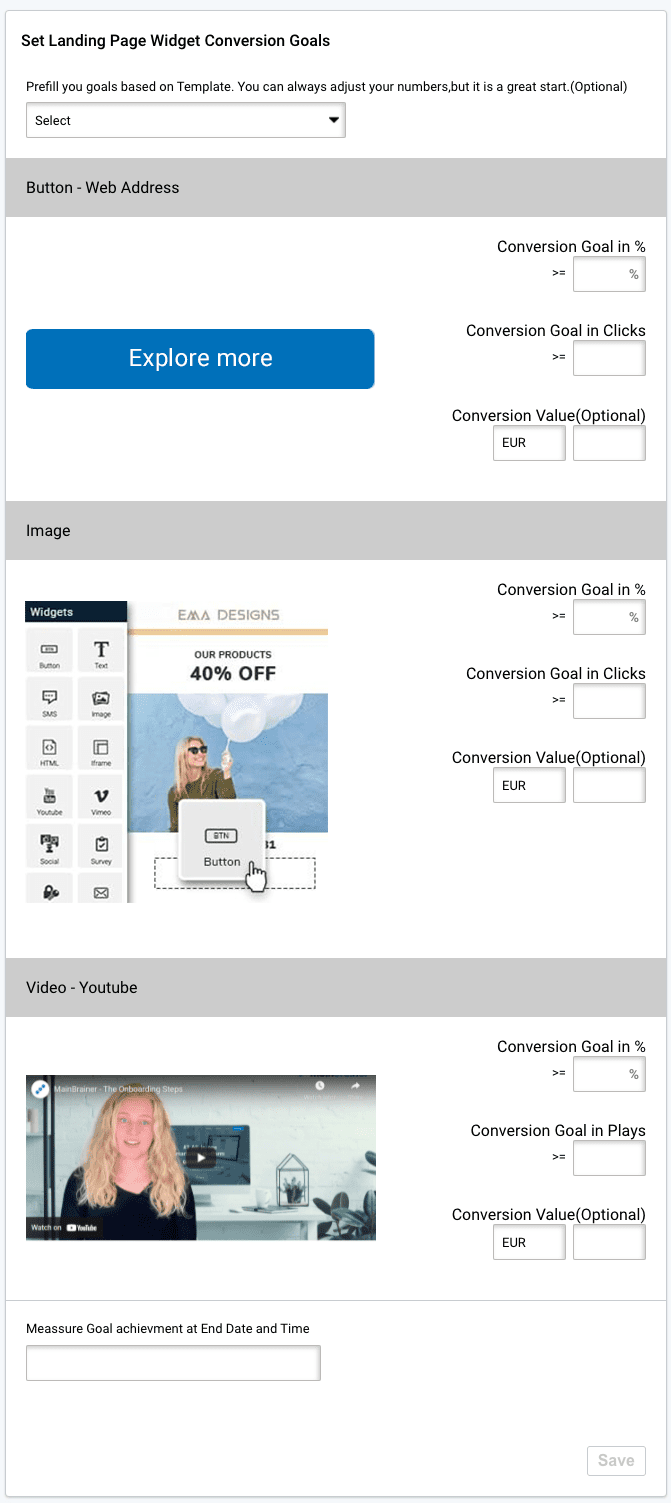 SMS campaign goals, landing page widget conversion goals