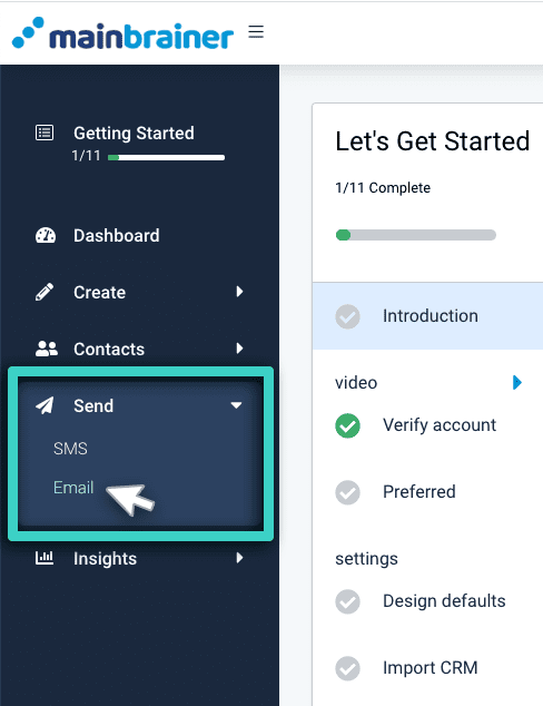Send email main menu Email campaign, send menu. Email highlighted