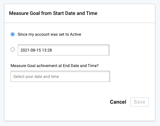 Contact list goals, create new goal. Set start and end date for the goal