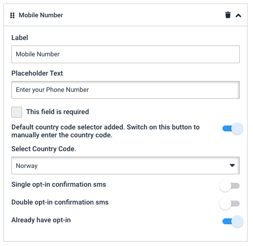 Customer signup rules, mobile number field settings