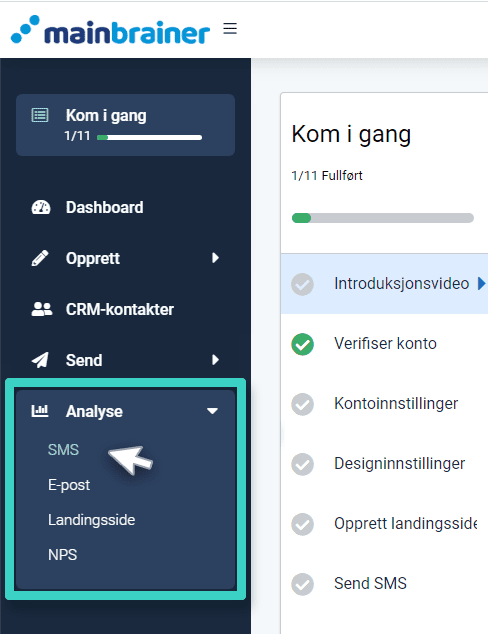 SMS insights menu SMS-kampanjeinnsikt, innsiktsmeny. SMS er uthevet