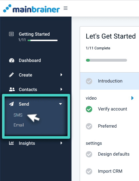 SMS with landing page, send menu. SMS highlighted