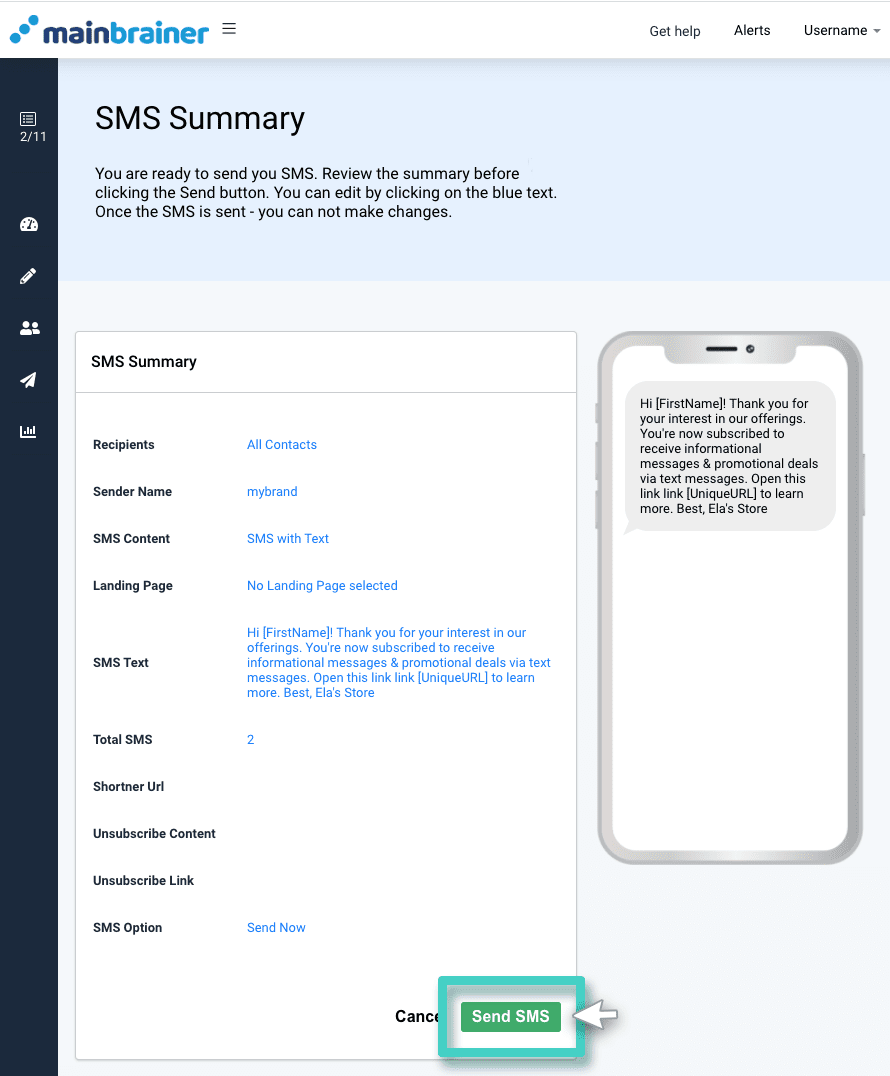 SMS campaign summary page SMS sending summary. Recipients, sender name, content, landing page and preview