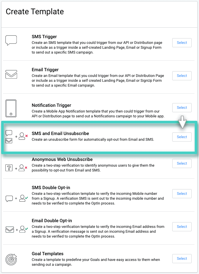 SMS and email unsubscribe button SMS email unsubscribe template. The SMS and email unsubscribe button is highlighted