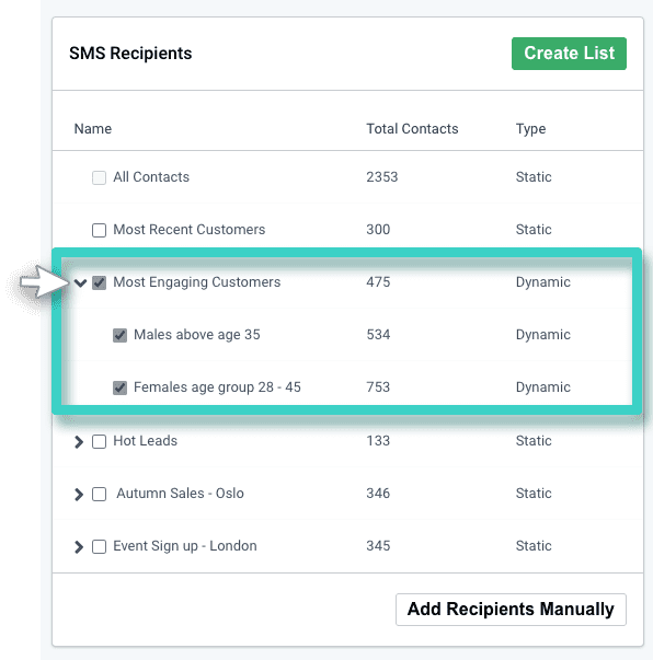 SMS with landing page, SMS recipients. Create list button highlighted