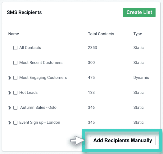 SMS add recipients manually button SMS campaign, SMS recipients. Add recipients manually button highlighted