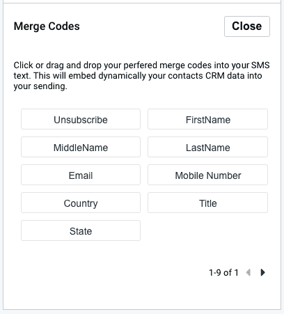 SMS sending personalization SMS campaign, SMS editor personalization options. Merge codes for CRM data