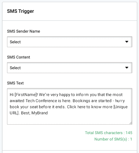 SMS trigger templates. Select sender name, content and text