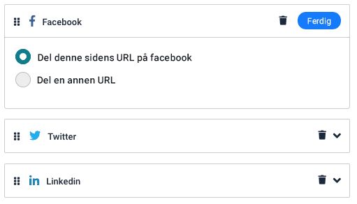 Social media widget settings Innstillinger for sosiale medier for facebook, twitter og linkedin