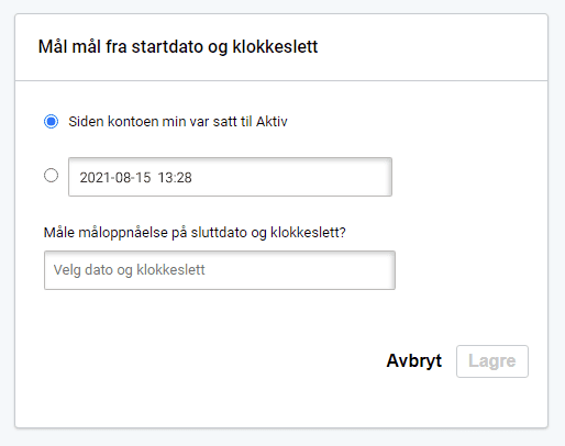 Goal start and end date Spesifiser start og stopp for landingssiders performance-mål