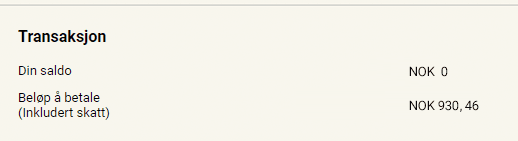 Transaction details Flere ressurser enn inkludert, transaksjon. Beløp å betale