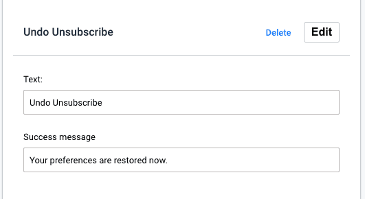Undo unsubscribe text SMS and email unsubscribe template. Undo unsubscribe text and success message