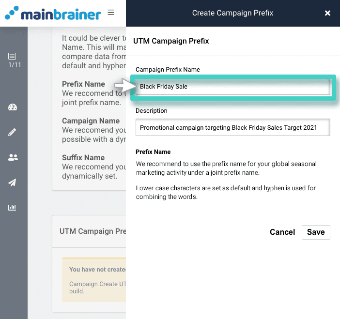 UTM code prefix name Create UTM template. Campaign prefix name field is highlighted