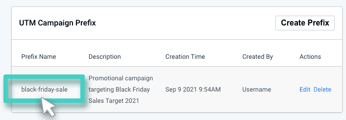 UTM code campaign prefix section Create UTM template, utm campaign prefix section. Prefix name is highlighted