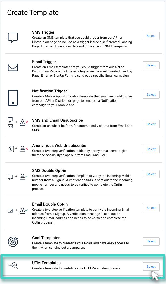 UTM template button Create UTM template. The select UTM templates button is highlighted