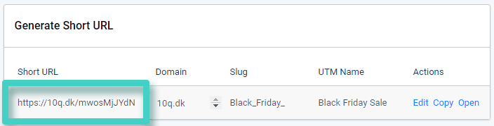URL shortener Landing page UTM codes, short URL. The shortened url is highlighted
