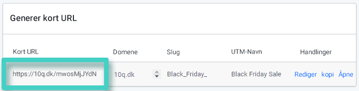 Landingsside UTM-koder, kort URL. Den forkortede nettadressen er uthevet