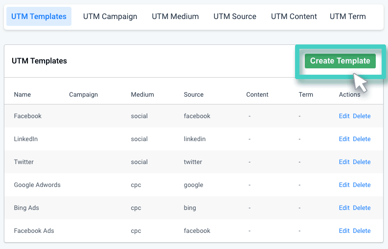 Create template button Create UTM template, utm templates overview. The create template button is highlighted