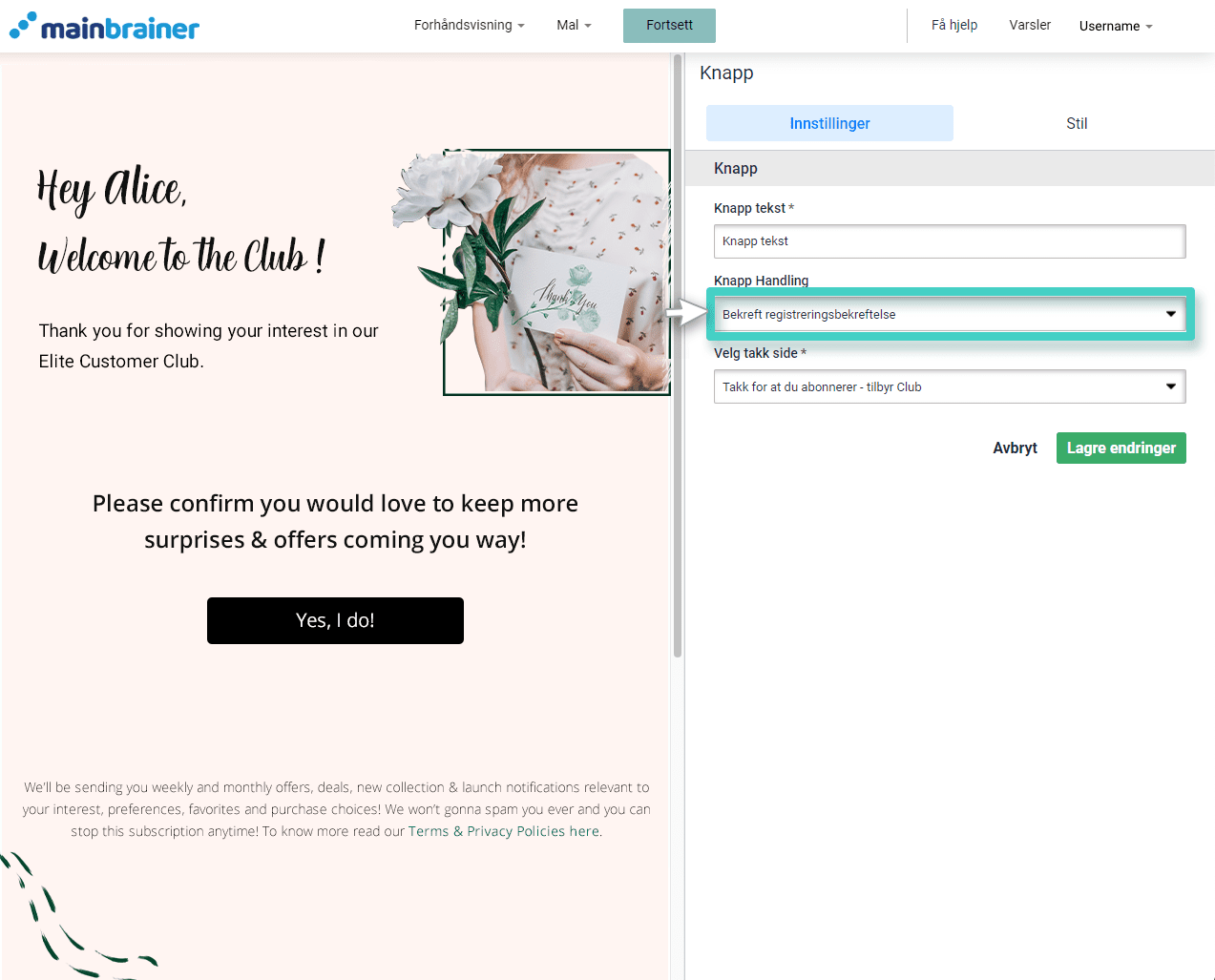 Dobbeltvalg på SMS-registreringer, knappeinnstillinger. Knappehandlingsfelt uthevet