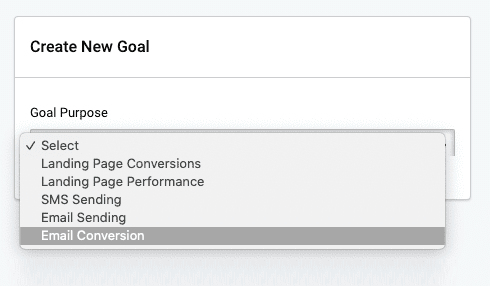 Select goal purpose Select goal purpose from a drop down menu. Email conversion is selected