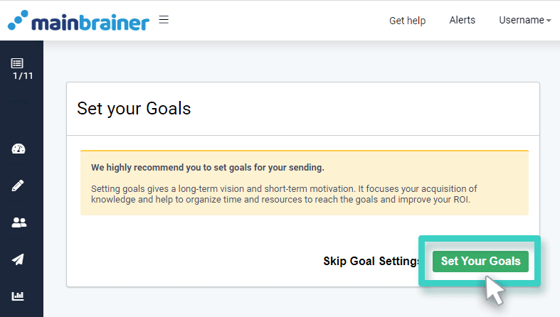 SMS with landing page, set campaign goals. Goals button highlighted