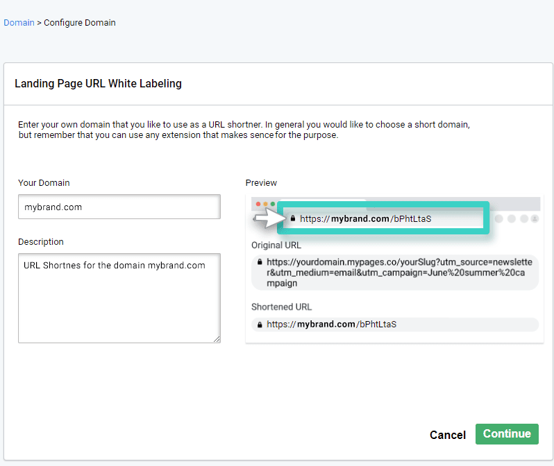 URL shortener with whitelabeling browser tab view