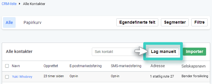 CRM add manually button CRM, alle kontakter. Legg til manuelt-knappen er uthevet