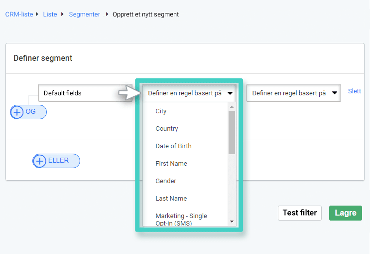CRM-segment. Definer en regel-rullegardinmenyen er uthevet med alternativer
