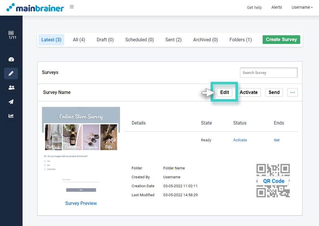 Edit Survey Modify saved Survey, Survey overview. The edit button is highlighted