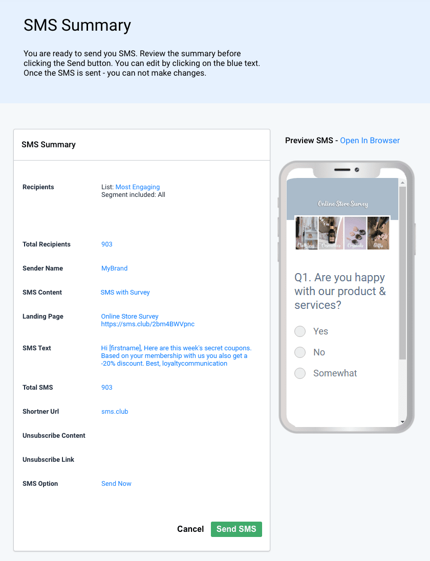 SMS Survey sending summary SMS summary. Recipients, sender name, SMS content, Survey and preview