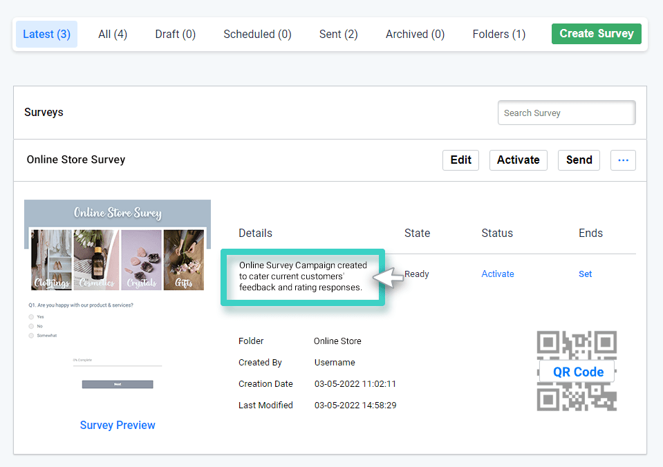 Survey description Survey manager, Survey description is highlighted