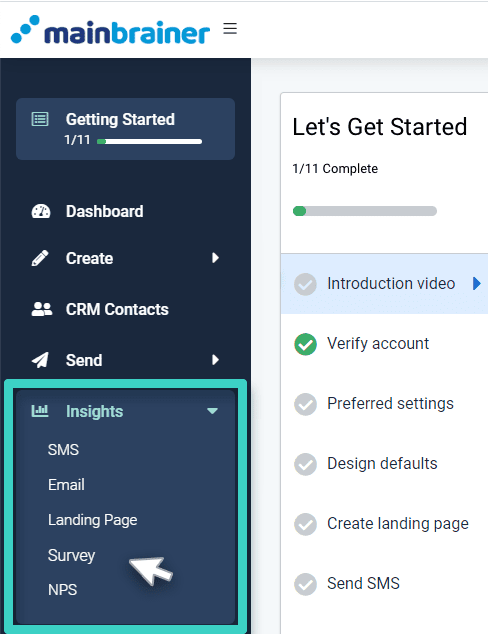 Insights main menu Survey insights, insights menu. Survey is visible