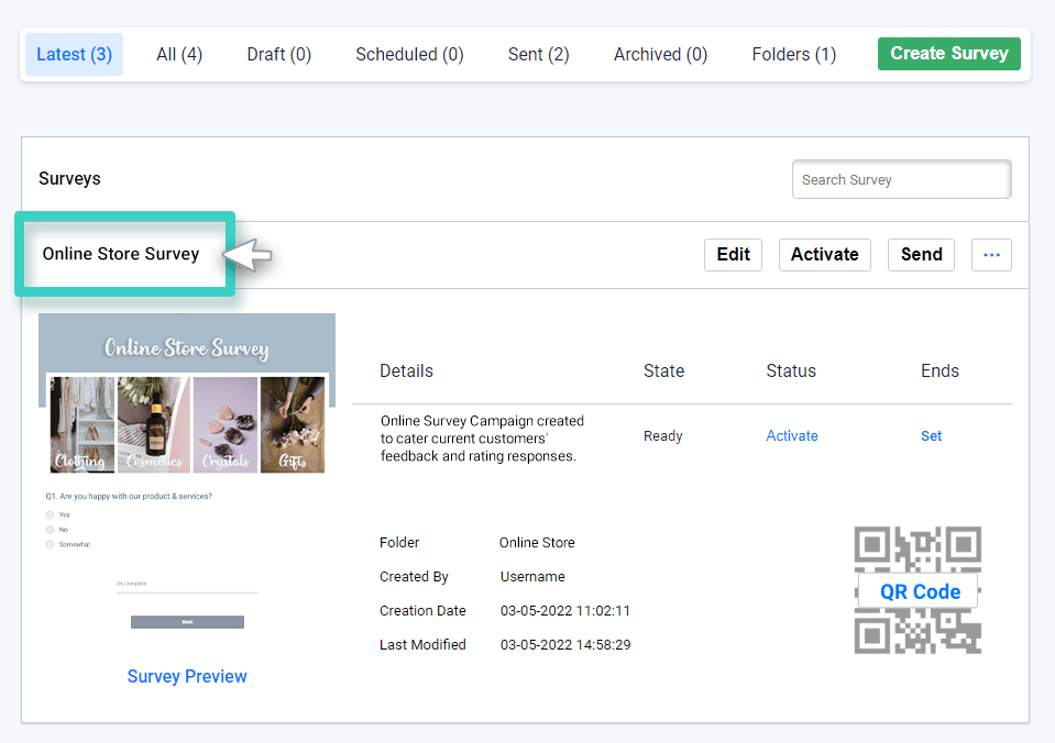 Survey name Survey creations, Survey name is highlighted