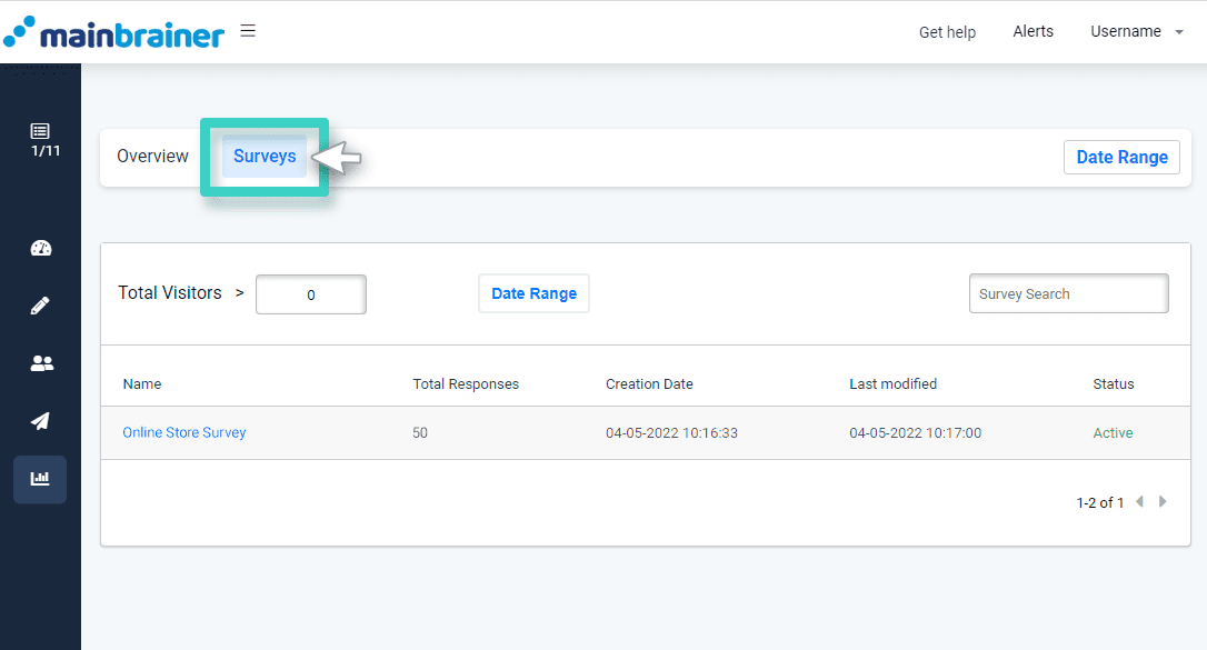 Survey analytics Survey insights KPIs overview. The survey tab is highlighted