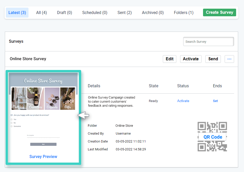 Survey preview Survey creations, Survey preview is highlighted