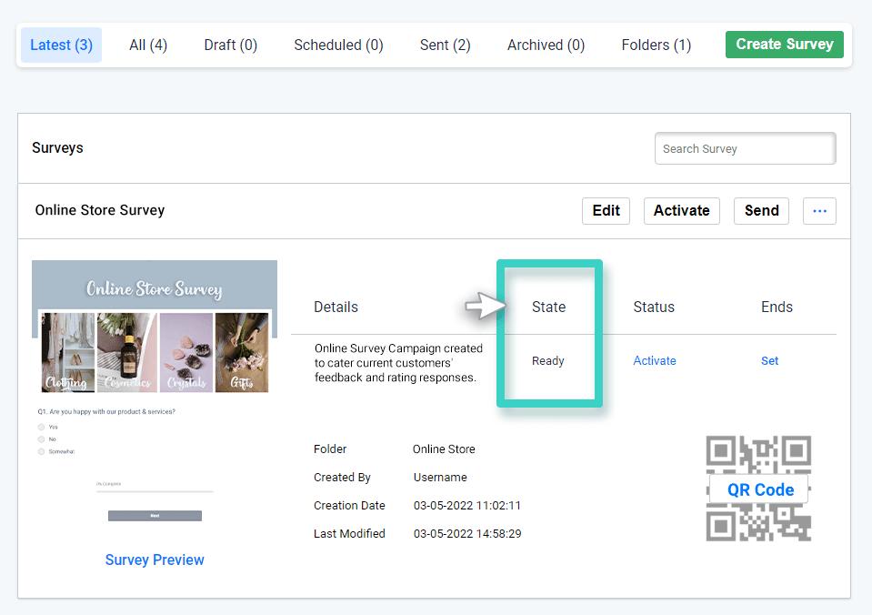 Survey state Survey manager, Survey activation state is highlighted