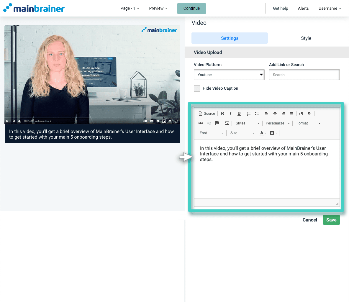 Survey video caption Survey video widget. Video caption settings is highlighted