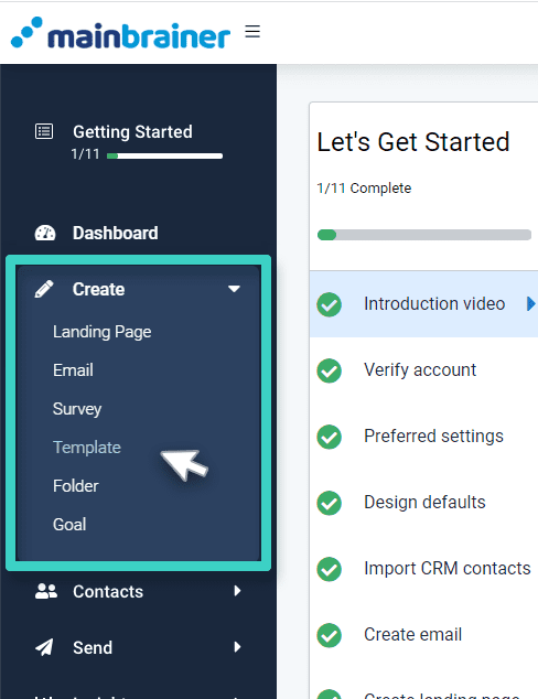 Create menu, template Create menu, template highlighted