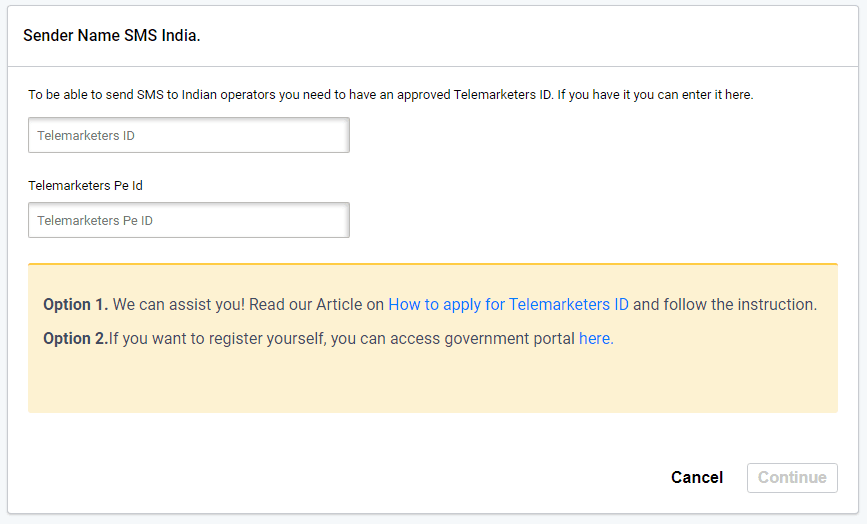 To add Sender name add Telemarketer & account PE ID Add Telemarketer and account ID