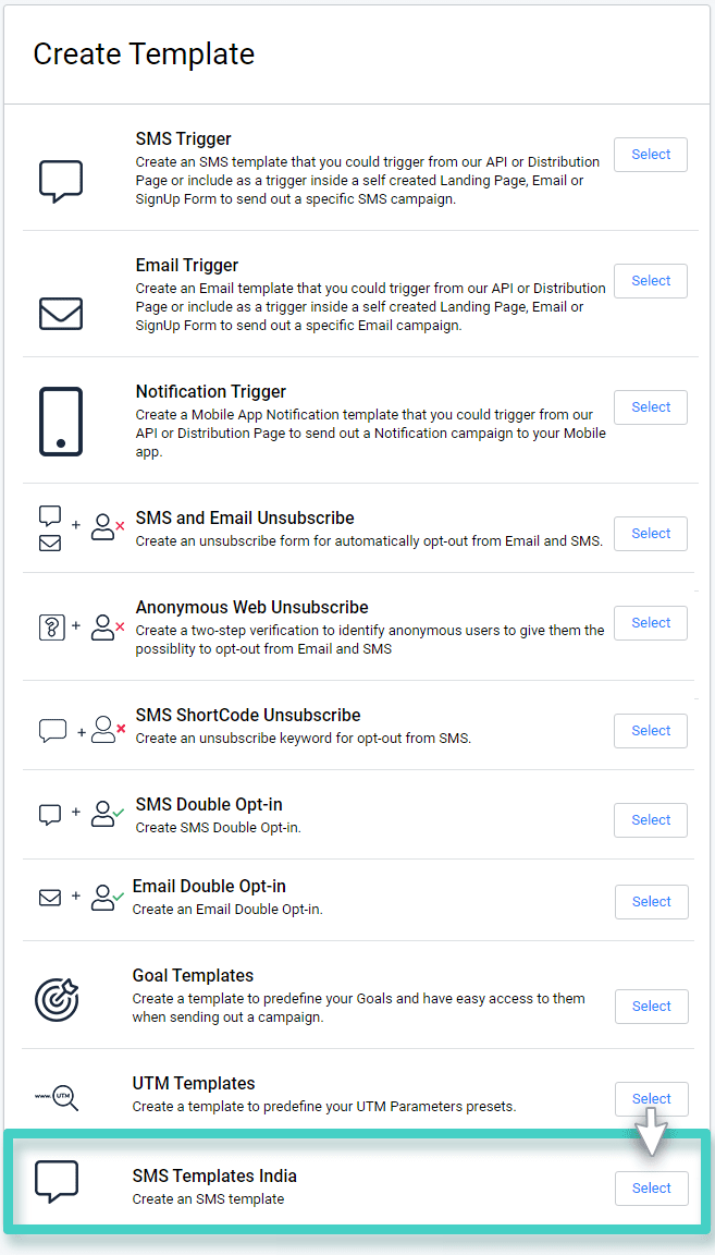 Create SMS template for India in MainBrainer Template creation - SMS template India highlighted