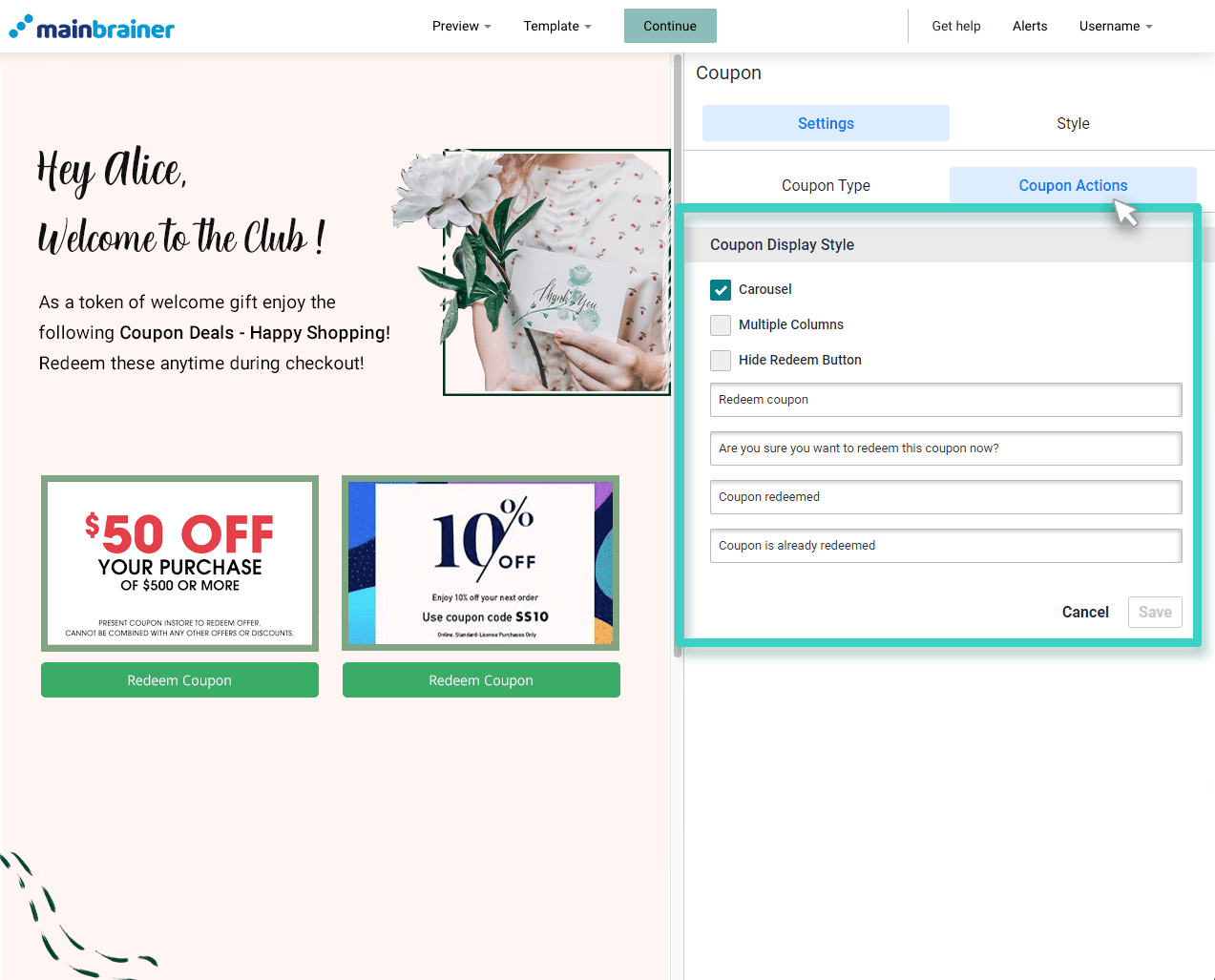Landing page coupon action text Enter appropriate coupon action texts - Landing Page Builder