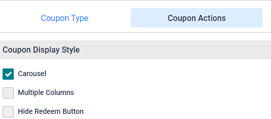 Landing Page Coupon Display Style Coupon Display Style. The three options are visible