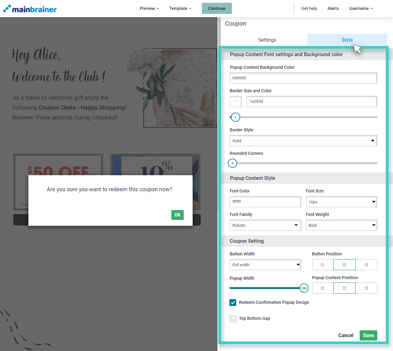 Landing page coupon styling Landing page widget coupon styling