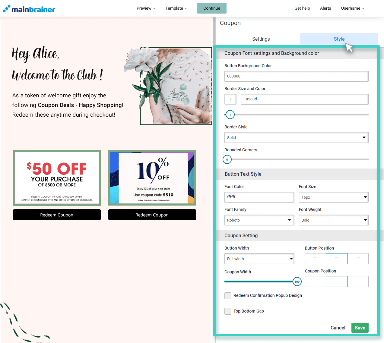 Landing page coupon styling Landing page widget coupon styling