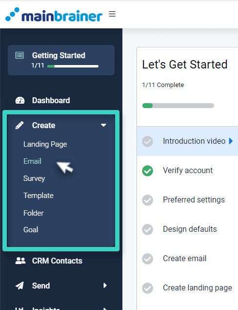 Main menu email New email campaign, create menu. Email is highlighted