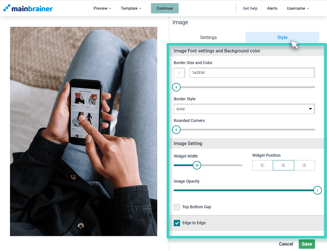 Landing page image style tab Landing page image widget. The style tab is highlighted