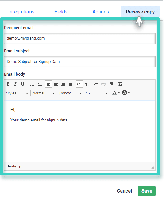 Recipient email. The email area is highlighted