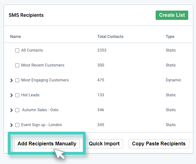 SMS add recipients manually SMS campaign recipients. Add recipients manually button highlighted