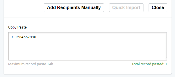 SMS Copy Paste area SMS Copy Paste recipients. Copy Paste area with record is visible.