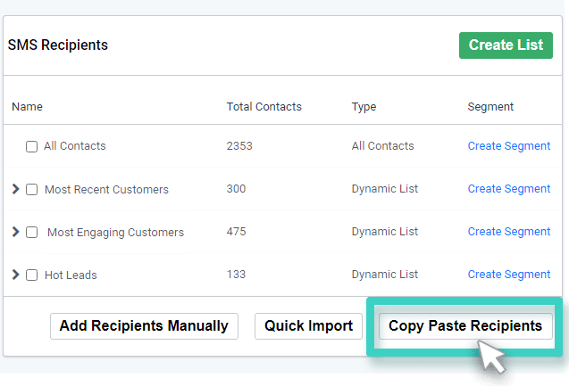 SMS Copy Paste Recipients option SMS Copy Paste Recipients. Copy Paste option is highlighted
